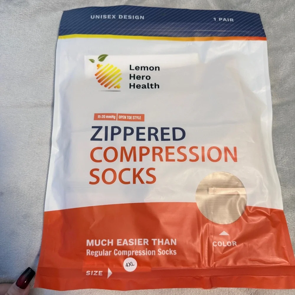 Lemon Hero Zippered Compression Socks Open Toe 15-20 mmHg 4XL Beige New
